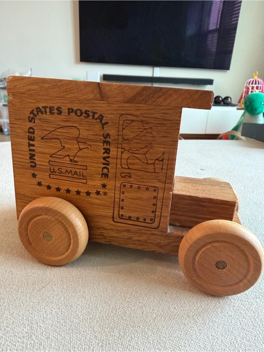 Vintage Wooden US Postal Service Mail Truck Toy music box - Natural Wood